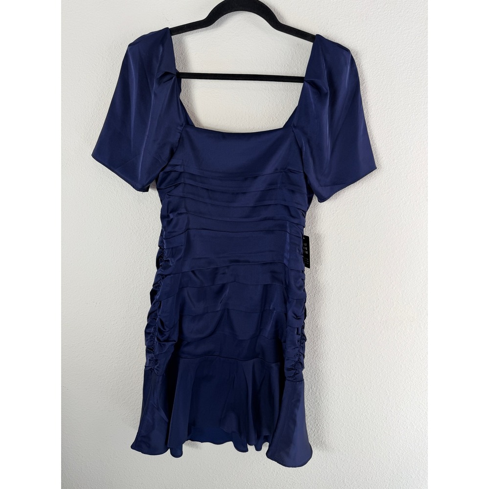 NEW Express Womens 6 Navy Satin Ruched Tiered Mini Dress Puff Sleeve - Picture 8 of 8
